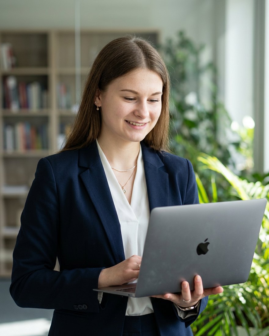 Nadezda Balujeva working at her laptop.
